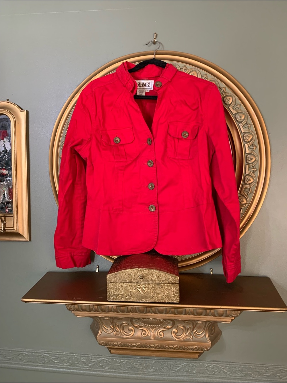Women's Bright Red Button-Front Military-Inspired Blazer